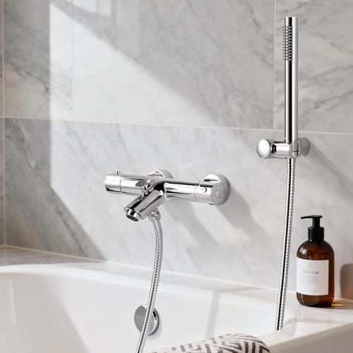 ARCORA Robinet de Baignoire avec Douchette, Robinet en Cuivre, Mitigeur Thermostatique 38 °C, Protection Anti-Brûlure, avec Tuyau de Douche de 150 cm, pour Baignoires d'Hôtel ou Domestiques, Chromé