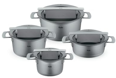 Fissler Phi Collection/Edelstahl-Topfset,4-teilig, Töpfe mit Glas-Deckel (3 Kochtöpfe, 1 Bratentopf) – Induktion