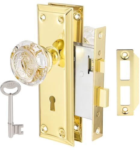 ToPToToo Mortise Lock Set Interior Door, Crystal Glass Door knobs Interior,Old Style Door Knob Replacement, Vintage Antique Door Lock with Skeleton Key,Polished Brass Finish