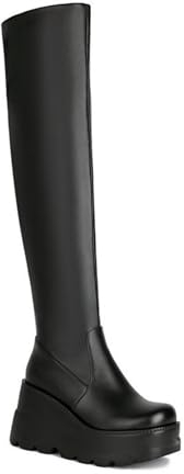 LeaHy Sobre La Rodilla Botas para Mujer Gótico Punk Plataforma de cuña de tacón bajo Botas Equitació Largo Botas,Negro,35 EU