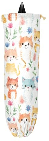Floral Cats Plastic Bag Holder, Hanging Grocery Bag Organizer Holder Reusable Shopping Bag Storage Washable Carrier Bags Dispenser for Home Kitchen, 1 Pack