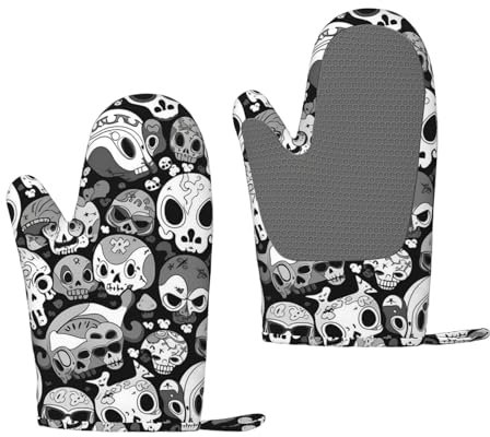 1 Paar Silikon-Ofenhandschuh-Set, schwarz und weiß, Totenkopf-Muster, Küchenhandschuhe, hitzebeständig, 260 °C, Kochhandschuhe, Silikon, rutschfest, waschbar, Ofenhandschuhe für Grillen, Backen,
