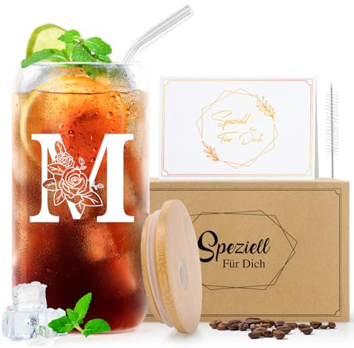 YiksunMY A-Z Buchstaben Glasbecher mit Deckel und Strohhalm Personalisierte Geschenke für Frauen Männer Freundin Mama zum Geburtstag Weihnachten Valentinstag Geschenke für Frauen Ihn Sie Oma Paare