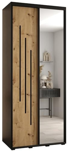 MEBLE KRYSPOL Cannes 9 Moderner Schrank mit 2 Schiebetüren mit Kleiderstange, Regalen und Spiegel - Aufbewahrungsschrank für Schlafzimmer, Wohnzimmer - 205,2x100x45 cm - Schwarz Artisan Schwarz