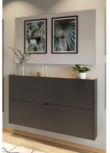 Lomadox Garderobe Flurgarderobe schmal in grau mit Eiche modern 2-teilig mit 1 Schuhschrank, 1 Spiegel