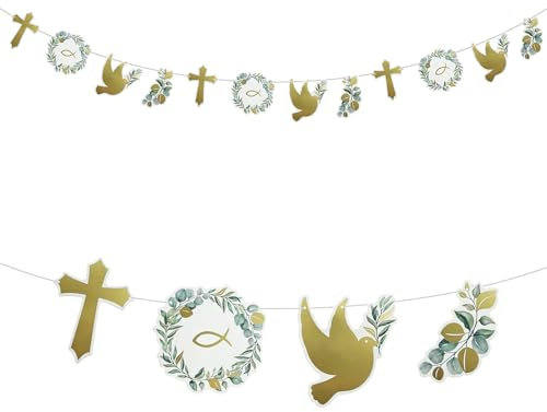 Guirlande unique oblique pour confirmation, communion, baptême – 1,7 m – Décoration à suspendre avec 12 motifs chrétiens (poisson, croix, colombe, branche) en or vert