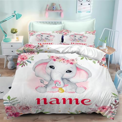 CYSYLQW Personalisierte Baby Bettwäsche mit Elefant, Elefant Kinderbettwäsche Mit Namen, Personalisierter Elefant Bettwäsche 135x200 Elefant Bettbezug Und Kissen (200 x 200 cm,1)