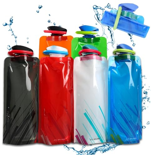 sunnilly 6 botellas de agua plegables, 700 ml, botella de agua reutilizable, sin BPA, plegable flexible con clip para deportes al aire libre, viajes, ciclismo, senderismo