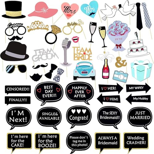 Hyxodjy 52 Stück Foto Requisiten, Fotobox Accessoires Hochzeit, Party, Brautparty & mehr - Papierrequisiten in Schwarz mit 52 verschiedenen Stilen