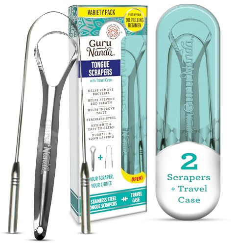 GuruNanda Spoon & U-Shaped Tongue Scraper Variety Pack (2 Pack) with Travel Case, 420 Medical Grade Stainless Steel, Promotes Fresh Breath & Oral Care