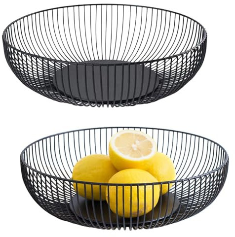 HTRTRR Set de 2 Fruteros Metálicos 28×8 cm – Cesta de Frutas Redonda de Alambre Negro – Diseño Decorativo para Cocina o Centro de Mesa – Ideal para Frutas, Pan o Verduras