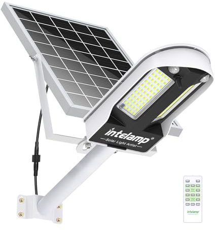 INTELAMP Solar Straßenlaterne mit Fernbedienung, 12500mAh 3000LM Solar Strahler Außen 6500K Straßenlampe Wandleuchte mit Bewegungsmelder Sensor, Außen Wegeleuchte im Freien Straßenleuchte