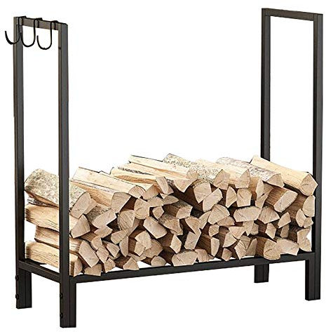 Portalegna da ardere in ferro resistente, per esterni, patio, terrazza, cortile, altezza 75 cm, con 3 ganci, colore nero, struttura in metallo durevole