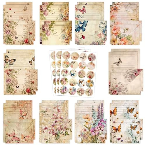 RAORAOYUE 160 Pcs Stationery Paper Set, Nature Vintage Floral Butterfly 50 Stationary Paper 50 Envelopes 60 Round Dot Sticker