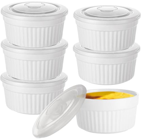 AKOLAFE Paquete de 6 ramequines con tapas de 8 onzas, platos de porcelana aptos para horno, para crema brulee, soufflé, platos de cerámica para soufflé, platos Ramekin utilizados como ollas de