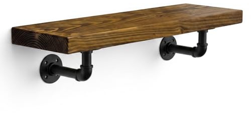 MKGT Handcrafted Rustic Wooden Floating Shelf with Industrial Pipe Brackets – 22cm Deep Solid Pine Wall Shelf, 45mm Thick, Made in the UK, Includes Fixings (Tudor Oak, 40cm)