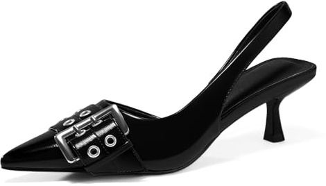 PiePieBuy Womens Slingback Kitten Low Heels Closed Pointed Toe Pumps D’Orsay Buckle Studded Dress Shoes, Black, Size 8