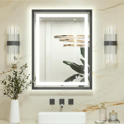 Keonjinn Badspiegel mit Beleuchtung Schwarz Metallrahmen 60x80cm, Badezimmerspiegel Beleuchtet Beschlagfrei Led Bad Spiegel mit Touch-Schalter, 3 Lichtfarben Dimmbar Speicherfunktion Wandspiegel