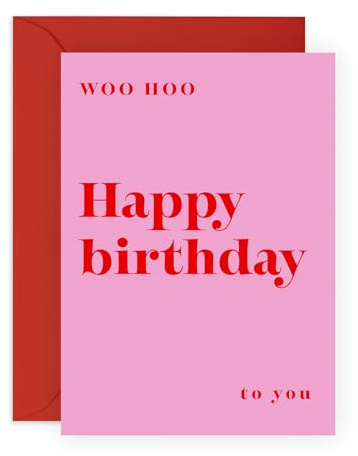 Simple Birthday Card – Pink & Red Bold Letters – Greeting Card for Women, Her, Ladies, Girls, Mum, Aunt, Gran, Sister, Coworker, Friends, Family – Minimalist - Comes with Stickers