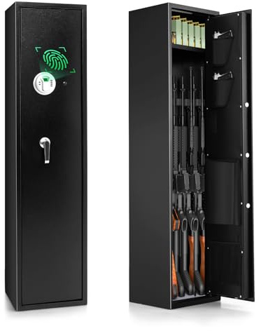 Biometric Fingerprint Gun Safe for 5 Rifles w/Digital Keypad & Alarm System - Shotgun Security Cabinet w/Emergency Keys & Storage Pockets