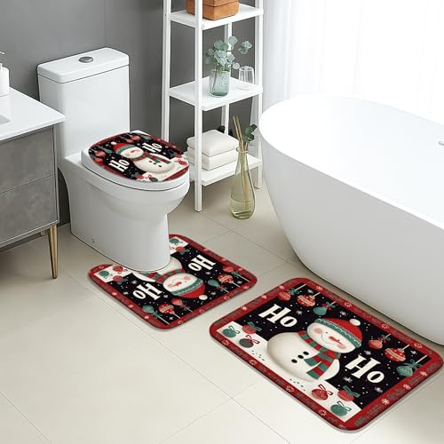 Juego de 3 alfombrillas de baño de Navidad, patrón de muñeco de nieve y acebo, absorbentes y antideslizantes, en forma de U, lavables, de franela de secado rápido