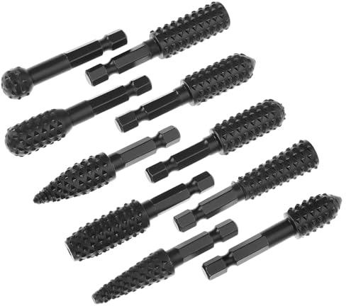 QWORK 10 Pieces Rotary Burr Wood Carving Rasp Files Set - 1/4 Hex Shank, Precision Milled, for Wood Plastic Engraving Deburring