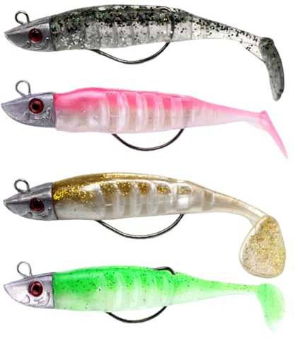 VONJUMA 4 Stück Gummifische Set Angelköder Mit Jigkopf Gummiköder Für Forelle Zander Barsch Kunstköder Angelausrüstung Kunstköder Hechtt Köder Süß Salzwasser Männer Angelgeschenke