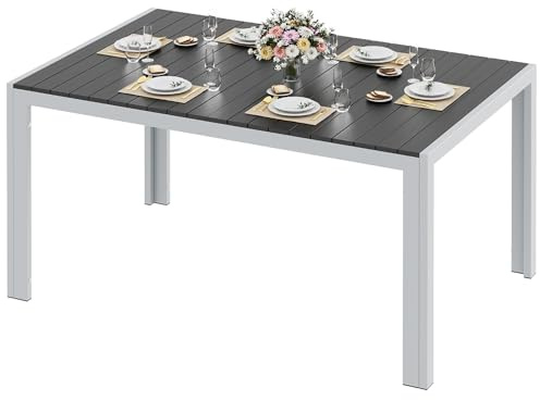 LIFERUN Gartentisch Wetterfest Groß 140x90cm Aluminium WPC Tisch Silbergrau | WPC Schwarz Tischplatte, Rechteckiger Esstisch Outdoor. Für 6-8 Personen, Rostfreier Alu-Rahmen, für Garten & Terrasse.