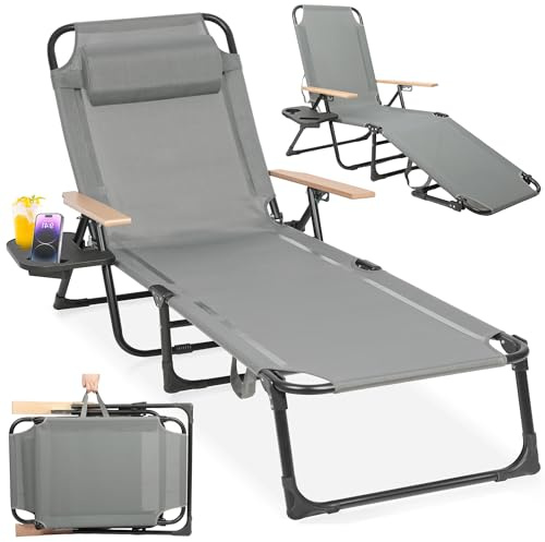 Sonnenliege klappbar 4-Fach Verstellbare Rückenlehne, Gartenliege Wetterfest, Leicht Strandliege Campingliege mit Kopfkissen & Holzarmlehnen, Liegestuhl für Balkon, Pool, Strand bis 150 kg (Grau)