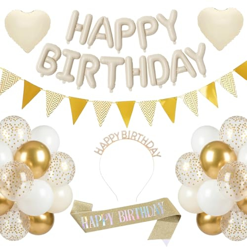 30Pcs Happy Birthday Party Decorations Set, Beige Birthday Decorations Kit with Headband Sash Foil Heart Balloons Latex Balloons for Women Party Supplies