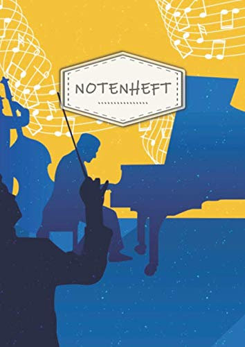 Notenheft: DIN A4, 64 Seiten, 12 Notensysteme pro Seite | Dickes Notenbuch mit Vintage Softcover und Inhaltsverzeichnis | Motiv: Musiknoten Orchester