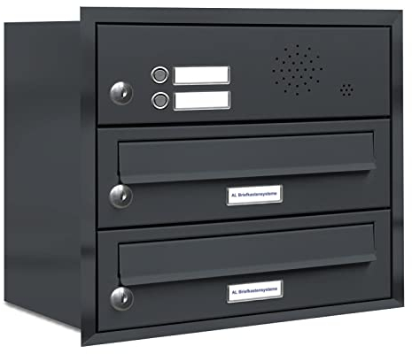 AL Briefkastensysteme, 2er Unterputzbriefkasten mit Klingel in Anthrazit Grau RAL 7016, 2 Fach wetterfeste Briefkastenanlage Doppelbriefkasten Design modern