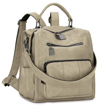 RAVUO Rucksack Damen Klein,Elegant PU Leder Rucksackhandtaschen Wasserdicht Cityrucksack für Freizeit Reisen Schule Arbeit Beige