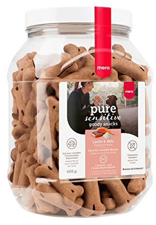 MERA Pure Sensitive Goody Snack, gesunde Leckerlis für Sensible Hunde, Hundeleckerli aus Lachs und Reis, Hundesnack glutenfrei zum Training (600 g)