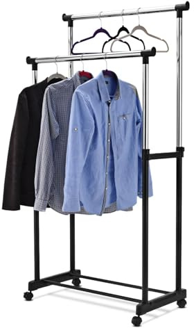 COSTWAY Stand Appendiabiti Multiuso in Metallo, Porta Abiti con Ruote, Appendiabiti Doppio con Altezza Regolabile, 86x43x94-168 cm (Stile 1)