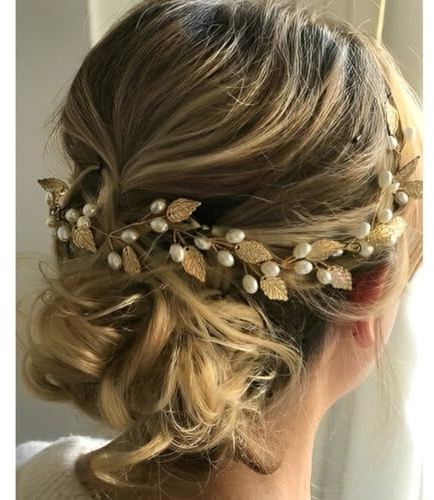 Handcess - Tocado de novia para el pelo con perlas y hojas doradas, accesorios de boda para el pelo para mujeres y niñas