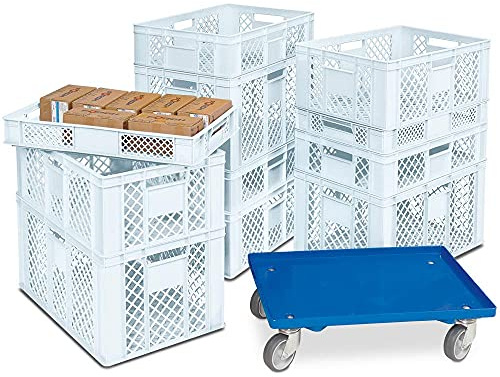 BRB 11 Eurobehälter/Stapelkörbe in 4 Höhen, PE-HD, weiß, LxB 600x400 mm, H 90 mm/150 mm/240 mm/320 mm, inkl. Transportroller