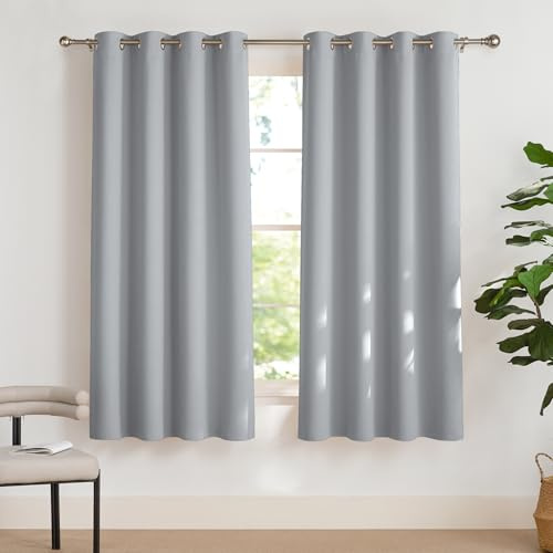 PONY DANCE Verdunkelungsvorhang Grau 2 Stücke Gardinen mit Ösen Schlafzimmer Gardinen und Vorhänge Kurz Blickdicht Ösenvorhang, H 158 x B 132 cm, Silbergrau