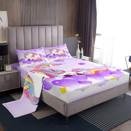 Set copripiumino 4 pezzi con motivo di unicorno per ragazze, ragazzi, adolescenti, arcobaleno, animali magici, fantasia, unicorno, per camera da letto, letto matrimoniale, viola
