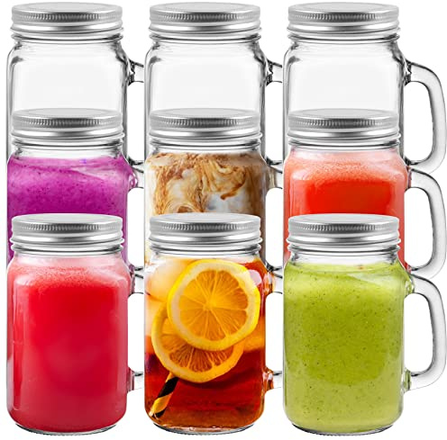 16 oz Glass Mason Drinking Jars with Lids,9 Pack Mason Jars with Handle | Reusable 480ml Glass Overnight Oats Jar,Beer Mugs for Smoothies,Preserve,Cocktails,Party Favors