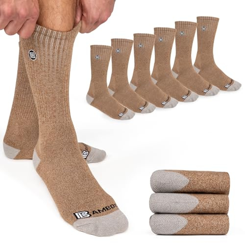 BAMBOO SPORTS Premium Bamboo Rayon Crew Work Socks- Moisture Wicking, Odor Eliminating Khaki Crew Socks for Men Size 13-15 - 3 Pair