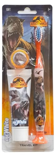 Jurassic World - Kit da viaggio per l'igiene orale, contiene dentifricio al gusto di fragola e spazzolino da denti con tappo di protezione, ventosa, manico comodo e setole morbide per bambini