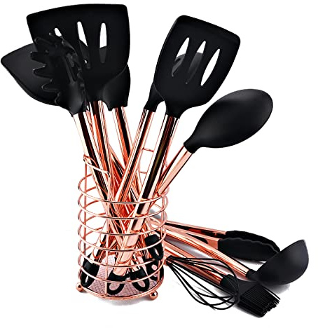 BRIIEC 12pcs Copper and Black Cooking Utensils Set with Holder, Silicone Spatulas Set With Rose Gold Stainless Steel Handle, Copper Turner Tongs Kitchen Accessories Cooking Tools