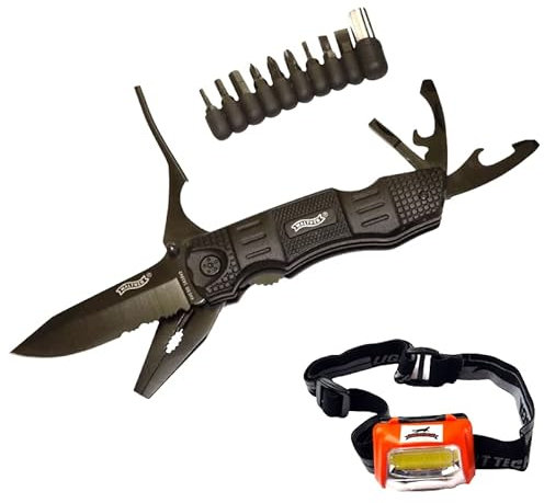 Coltello Multiuso Tascabile con cacciavite pinza Torcia a led da testa frontale da caccia pesca lavoro officina Sopravvivenza 160 Lumens potente