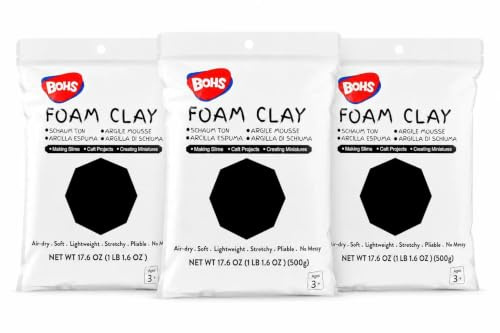 BOHS Foam Clay Schwarz, lufttrocknende Modelliermasse, 1,5 kg, 3er-Pack | Weich und formbar; vertieft Farbmischungen; EVA-Schaum und Styropor; Masken, Rüstungen und Figuren