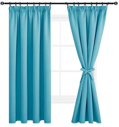 DWCN Vorhänge Wohnzimmer Blickdicht Kräuselband mit Vorhang-Krawatten | 2er Set, H175 x B140 cm, Türkis, Vorhänge Thermogardine Verdunkelung, Wärmeisolierend Thermovorhang für Schlafzimmer