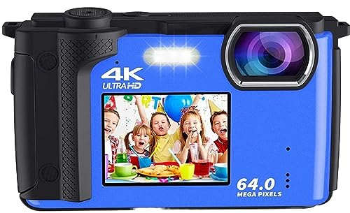 Dual Screen Fotocamera Fotografica Da 64 MP Registratore Selfie Videocamera Vlog 4K UHD Zoom 16X Fotocamera Compatta Webcam Live Streaming Telecamera HD ( Color : With 128G , Size : With 2 Batteries )