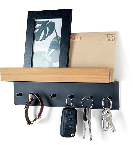 Schlüsselbrett Holz mit Ablage, Schlüsselhalter Schlüsselregal mit 6 Haken, Wand Schlüsselboard für Eingangsbereich, Flur, Küche