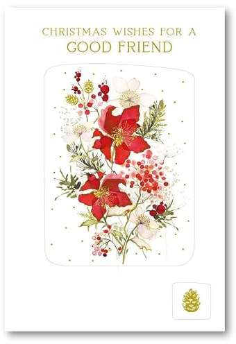 Nigel Quiney Good Friend Weihnachtskarte – Aquarell Weihnachtssterne Blumen geprägt mit einem Folien-Finish – umweltfreundlich und recycelbar