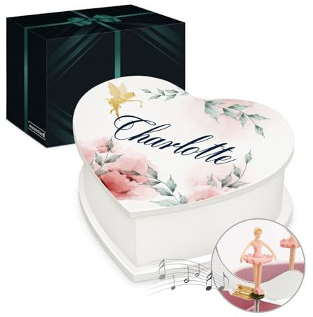 Maverton personalisierte Musikschmuckdose in Herzform mit Aufzieh-Spieluhr - Schmuckkästchen Ballerina Spieldose - Herz Schmuckkiste für Mädchen zur Taufe Erstkommunion - zu Weihnachten - Fee